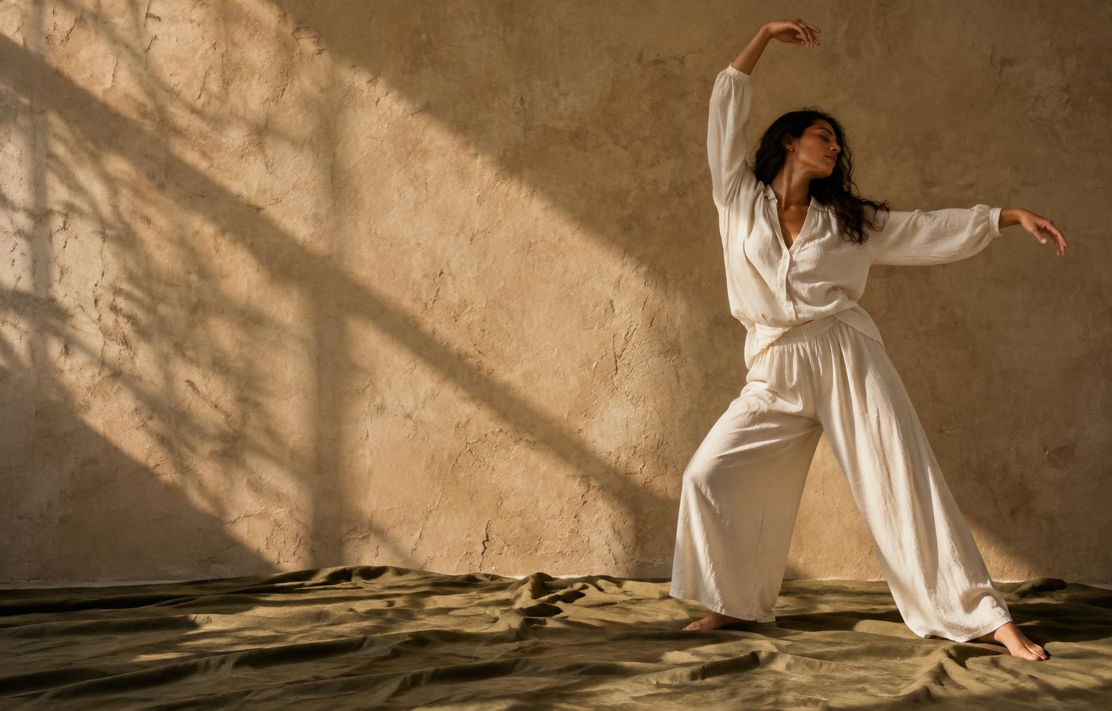 Figura em movimento expressivo, com roupas claras e luz natural